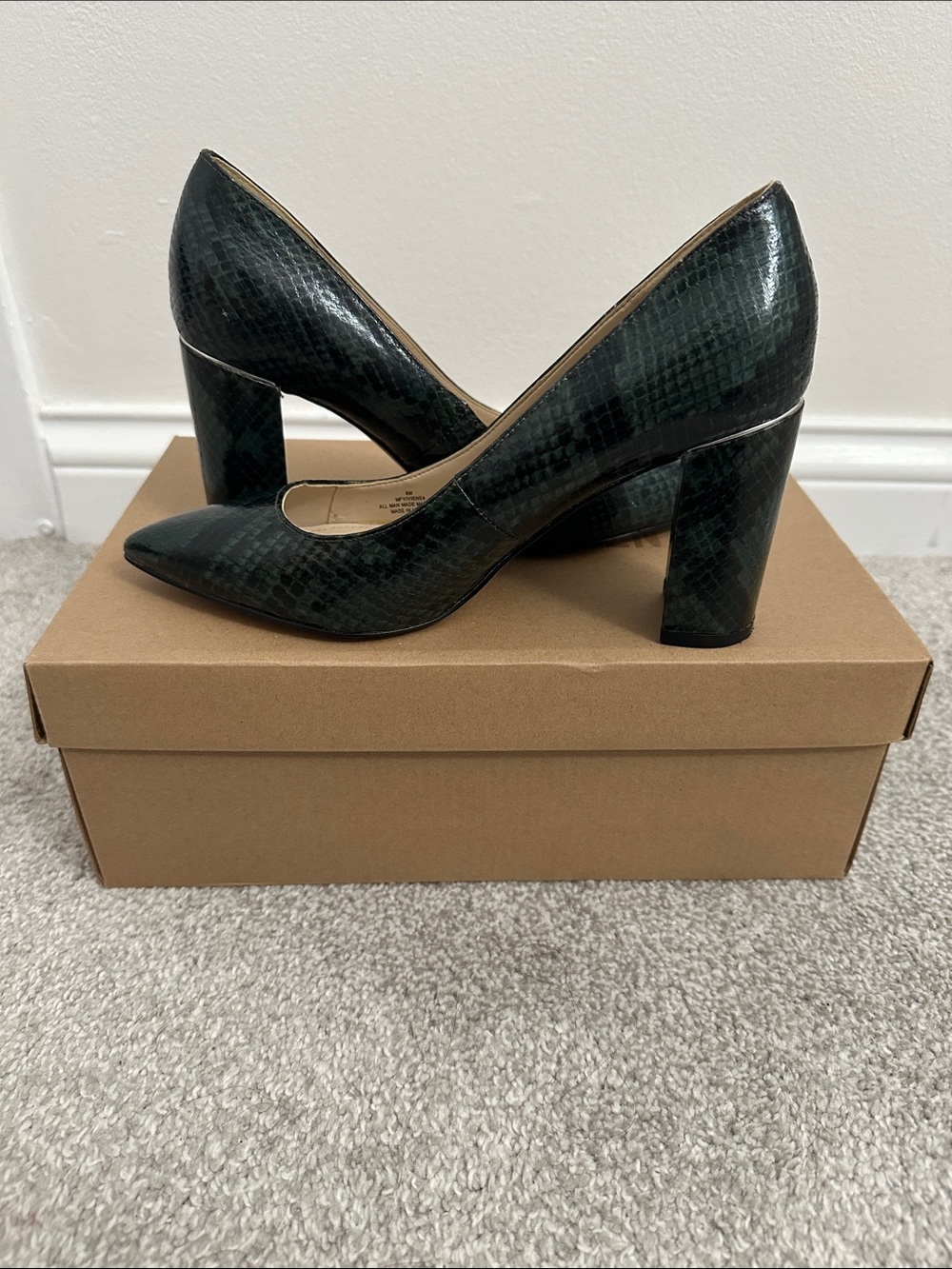 Marc Fisher Dark Green Snake-Print Pointed Block Heel Pumps